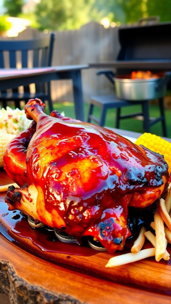 Grilled BBQ chicken on a wooden platter with coleslaw and corn, in a sunny backyard setting.